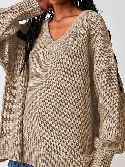 Long Sleeves Loose Solid Color Velvet V-Neck Pullovers Sweater Tops