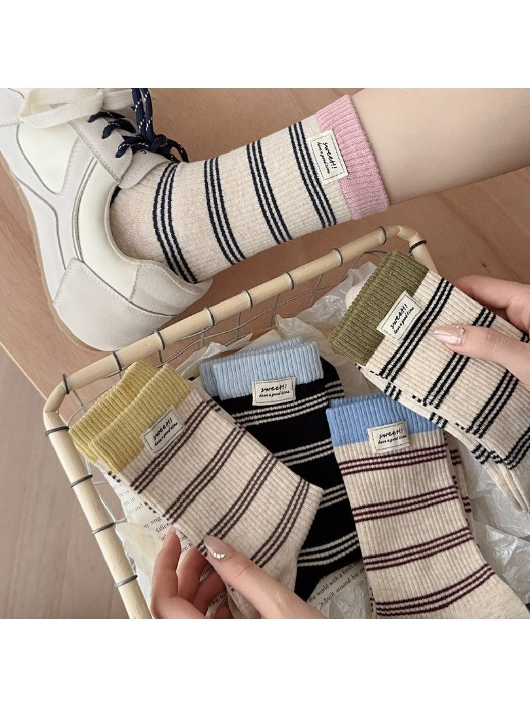 Rufia - Striped Breathable Mid-calf Socks for Women