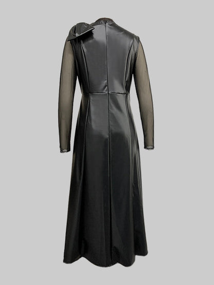 A-Line Long Sleeve Bowknot Split Midi Dress Mesh PU