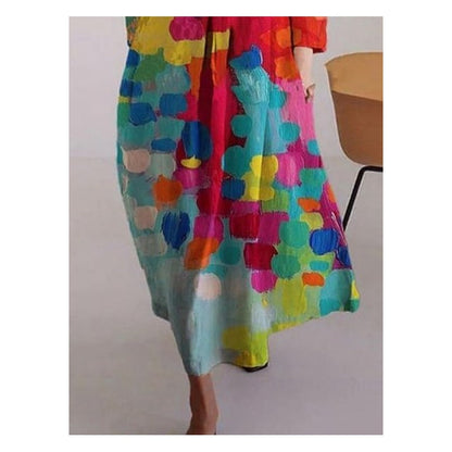 Loose Colorful Contrast Color Printed Round-neck Maxi Dresses Midi Dresses