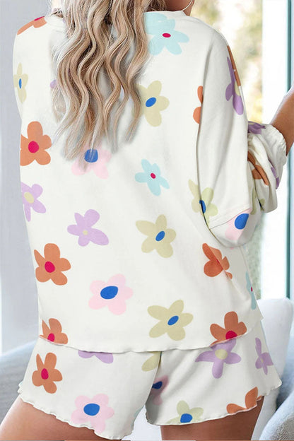 White Floral Print Henley Top \u0026 Drawstring Shorts Loungewear Set