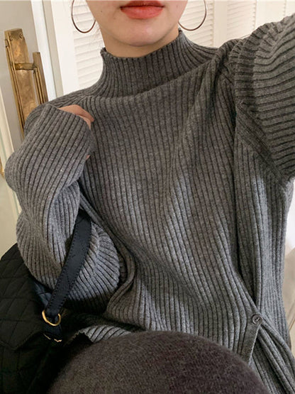 Urban Long Sleeves Split-Side Solid Color High-Neck Sweater Tops Pullovers