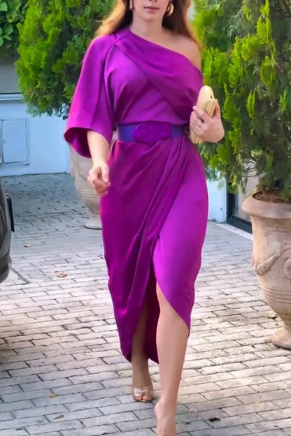Whispered Yes Satin Irregular Lapel Neckline Design Ruched Maxi Dress