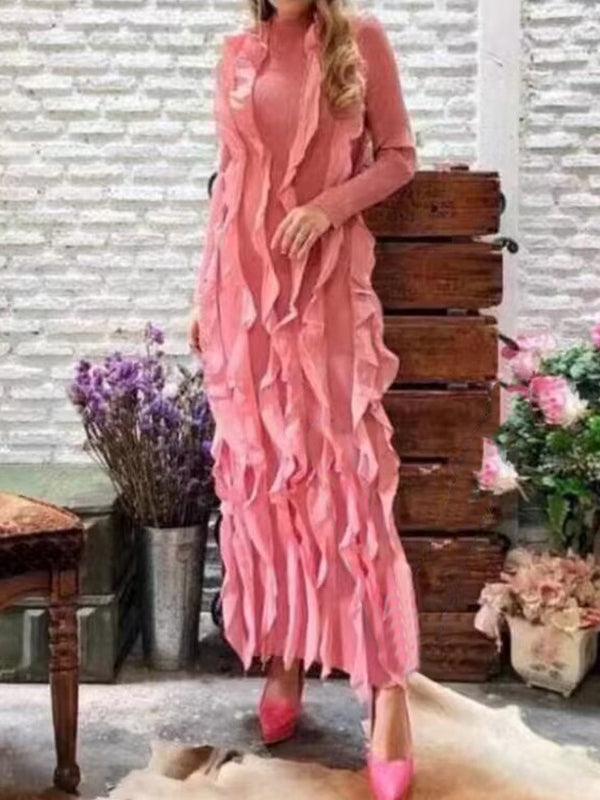 Solid Color Bodycon Pleated Ruffled Long Sleeves Maxi Dresses