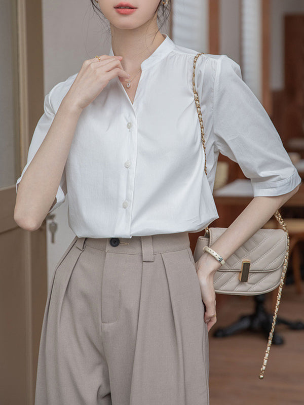 Half Sleeves Loose Buttoned Pleated Solid Color Split-Joint Stand Collar Blouses&Shirts Tops