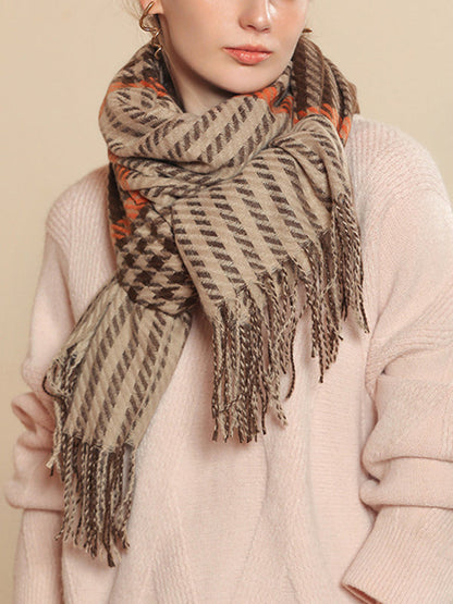Houndstooth Plaid Tasseled Shawl&Scarf