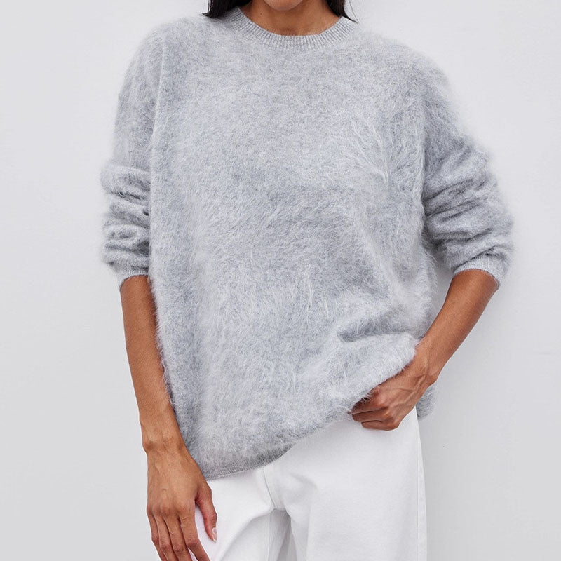 Winter Fuzzy Crew Neck Solid Color Knit Sweater