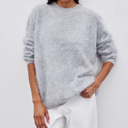 Winter Fuzzy Crew Neck Solid Color Knit Sweater