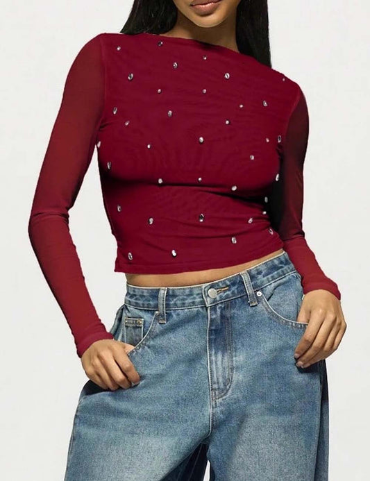 Rhinestone Mesh Solid Color Long Sleeve Blouse