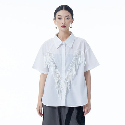 Fringe Spliced Short Sleeve Shirt Loose Retro Design