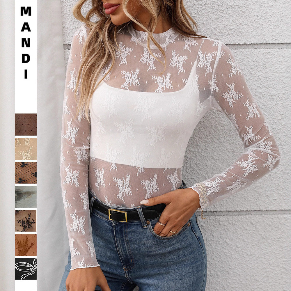 Mesh Long Sleeve Turtleneck Top