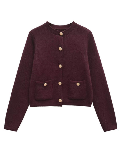Fall Solid Color Crew Neck Knit Cardigan