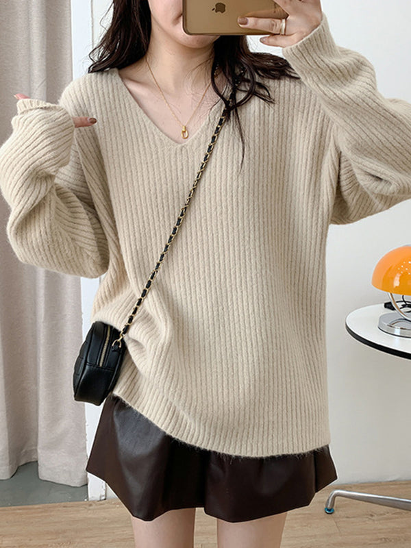 Simple Long Sleeves Loose Solid Color V-Neck Sweater Tops