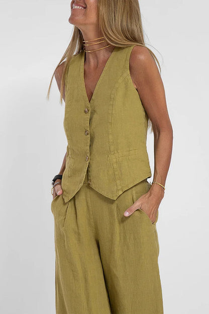 Women Casual Linen Waistcoat Two Set Suits