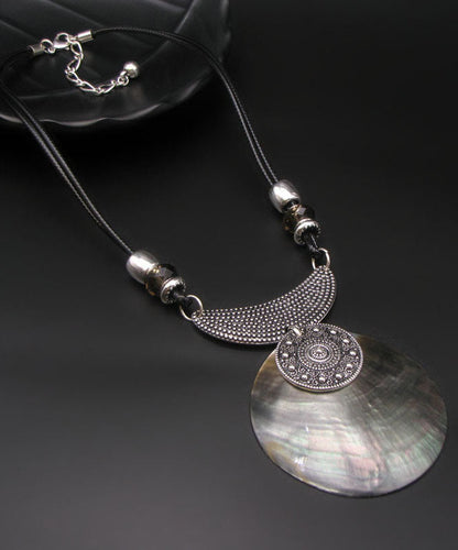 Vintage Silk Sterling Silver Metal Inlaid Shell Pendant Necklace