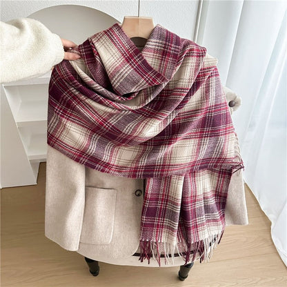Color Block Plaid Fringe Scarf