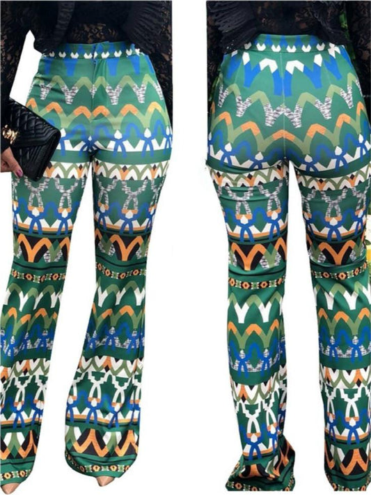 Yt3073 Fashionable Floral Print Green Leisure Pants Women'S Printed Micro Trumpet Trousers