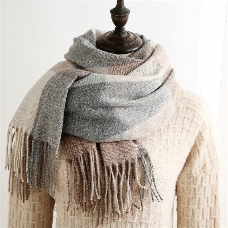 Color Block Plaid Fringe Scarf