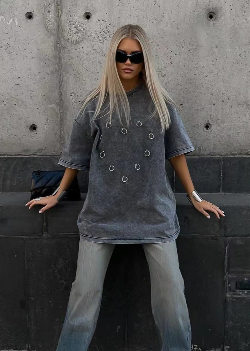 Oversized Cotton Tee With Metallic Ring Accents