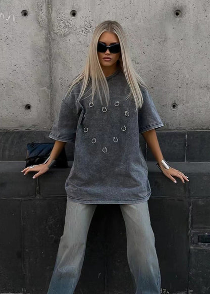 Oversized Cotton Tee With Metallic Ring Accents