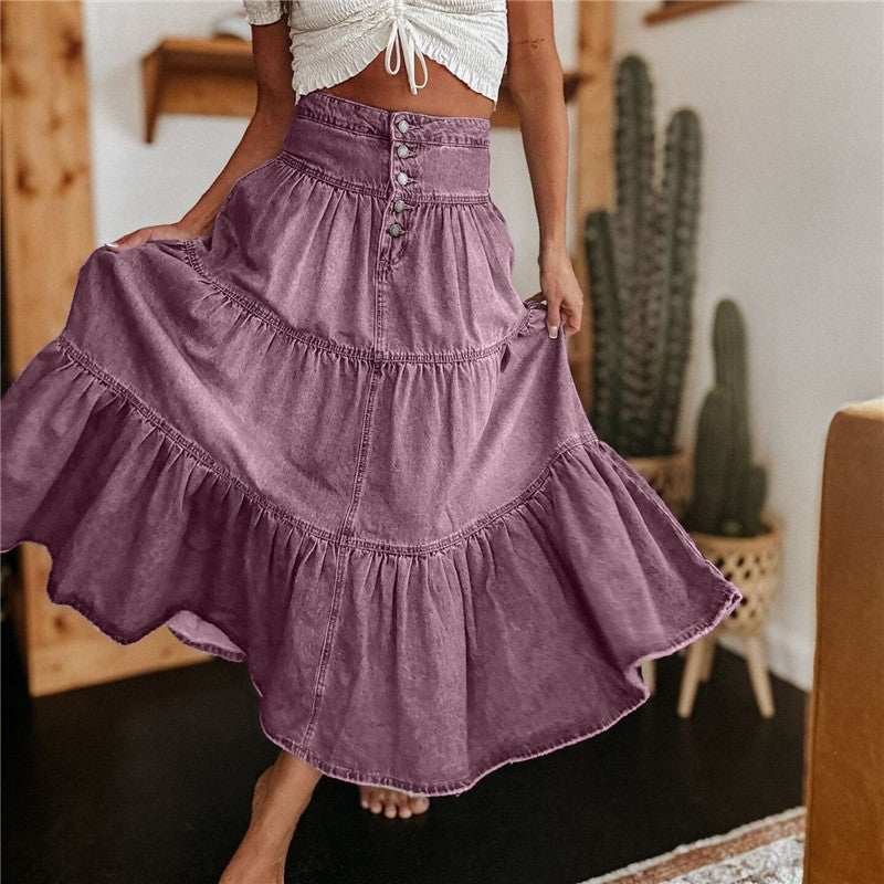 A-Line Denim Skirt With Flounce Hem