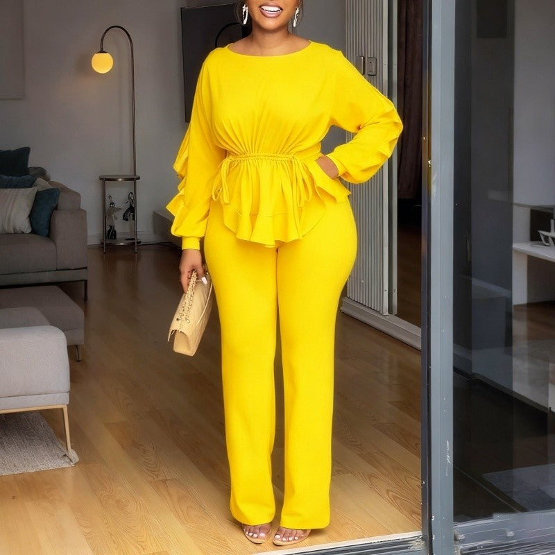 Lace Trim Long Sleeve Top Pants Set