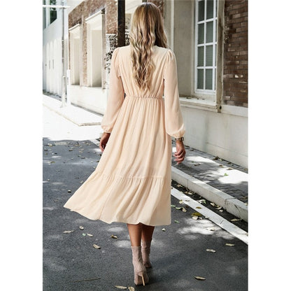 High Waist Solid Color V-Neck Dress