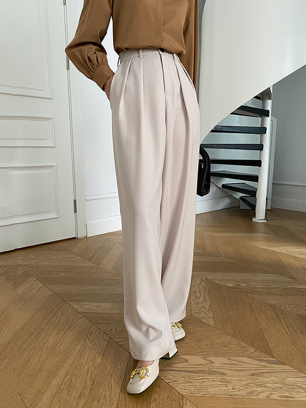 Loose Wide Leg Pleated Solid Color Pants Trousers
