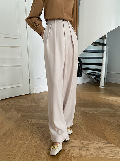 Loose Wide Leg Pleated Solid Color Pants Trousers