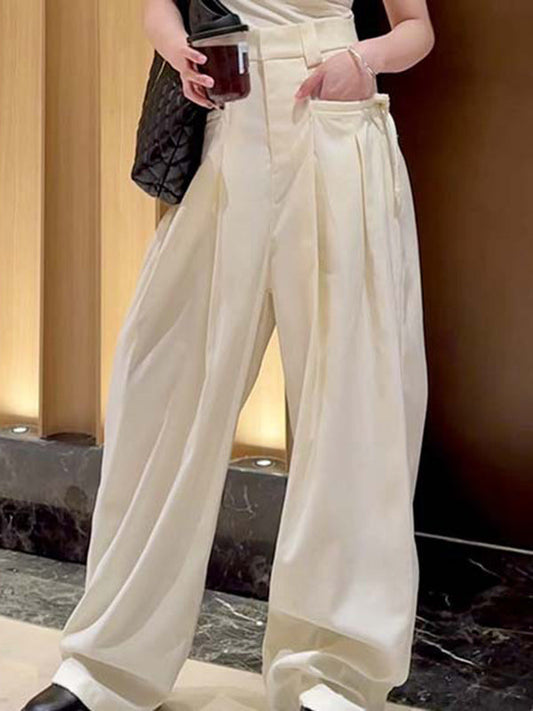 Loose Wide Leg Drawstring Pleated Solid Color Pants Trousers