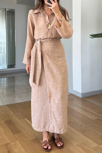 Casual Lapel Shirt \u0026 Lace-Up Two-Piece Overskirt Set