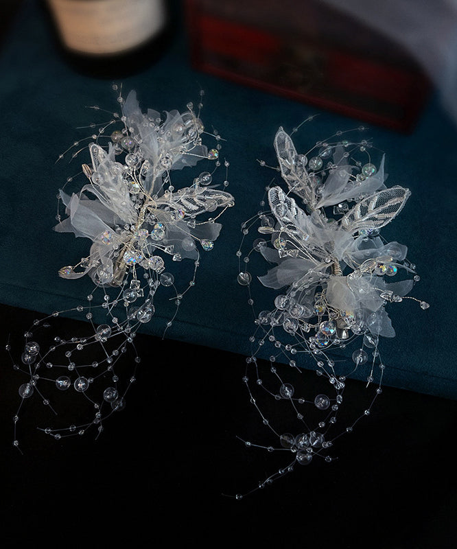 Elegant Apricot Tulle Crystal Floral Beading Tassel Hairpin