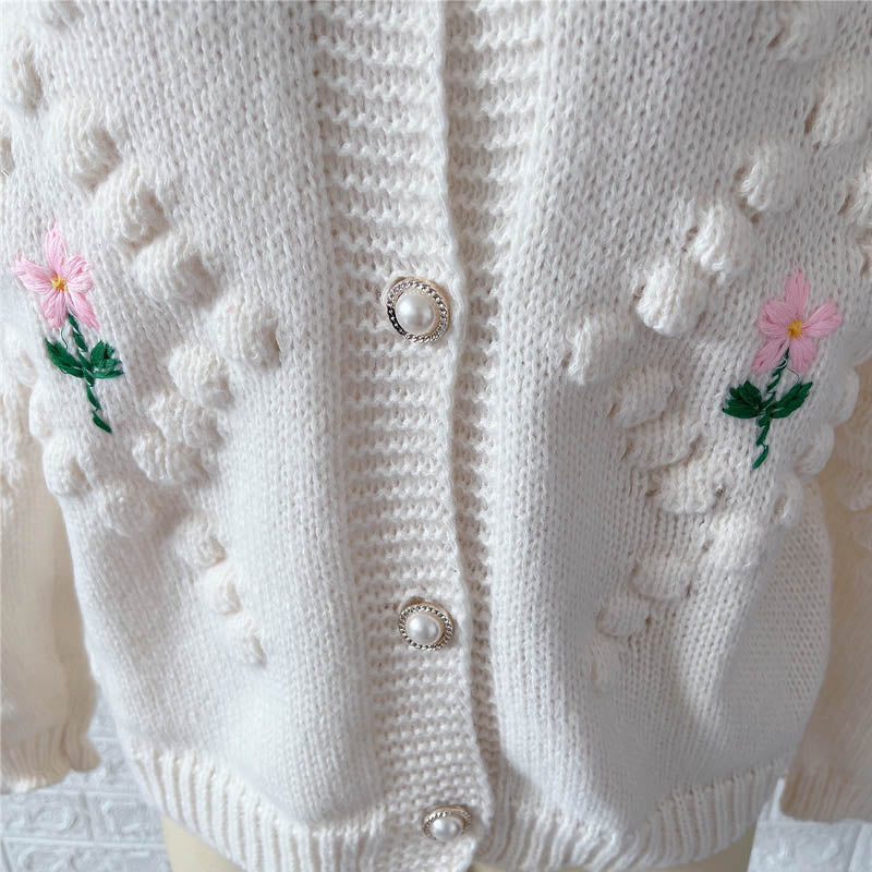 Floral Embroidery Crochet Pearl Button Knit Cardigan