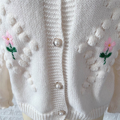 Floral Embroidery Crochet Pearl Button Knit Cardigan