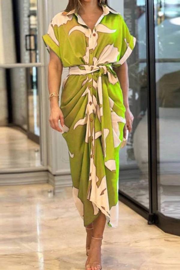 V-Neck Pleated Belt Short Sleeve Dress