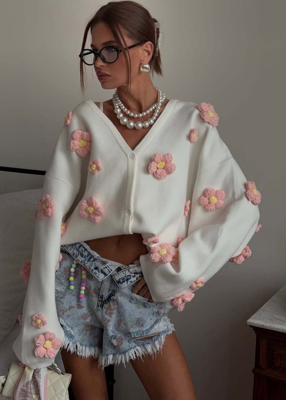 3D Floral Knit Cardigan With V Neck