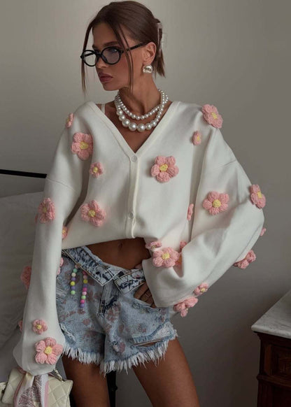 3D Floral Knit Cardigan With V Neck