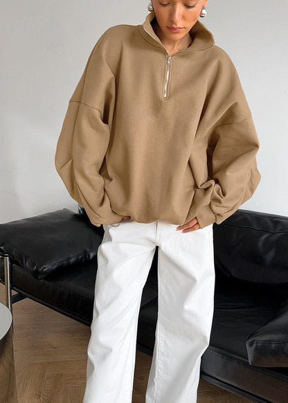 Oversized Cotton Blend Zipper Pullover Sweatshirt