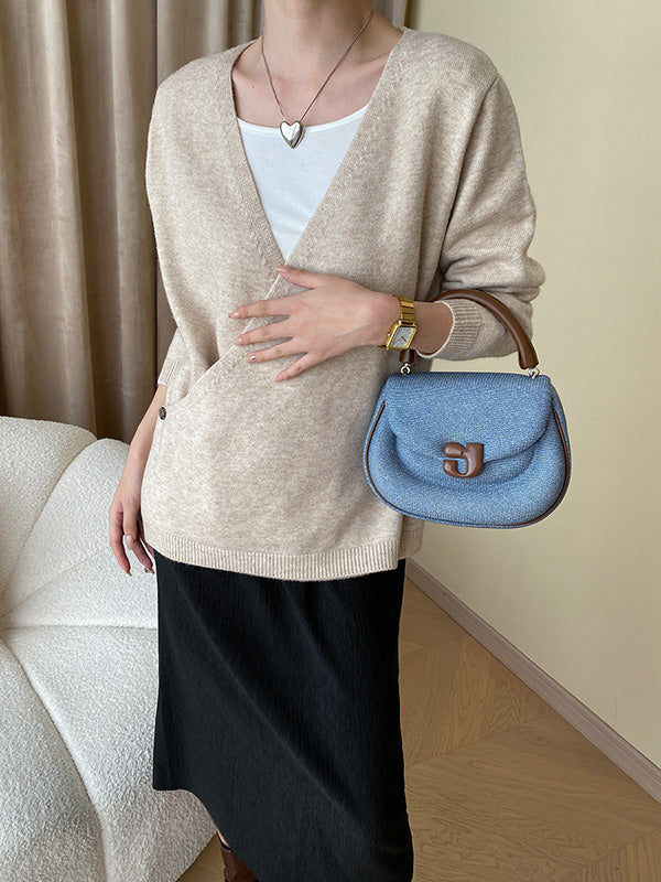 Long Sleeves Loose Asymmetric Buttoned V-Neck Cardigan Tops