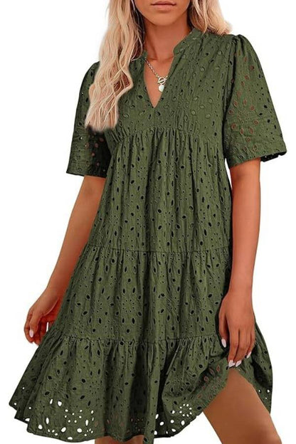 Women's V Neck Short Sleeve Hollow Out Mini Vacation Dress