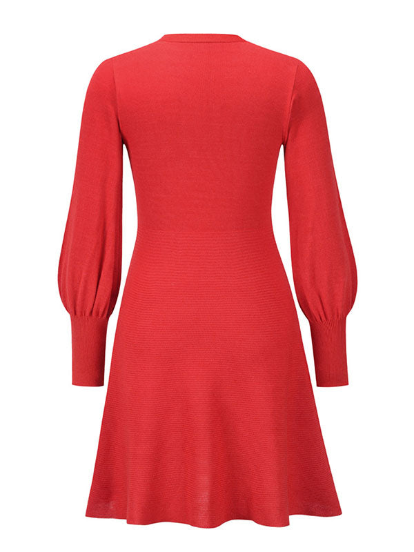 Puff Sleeves Wrap Solid Color Round-Neck Mini Dresses