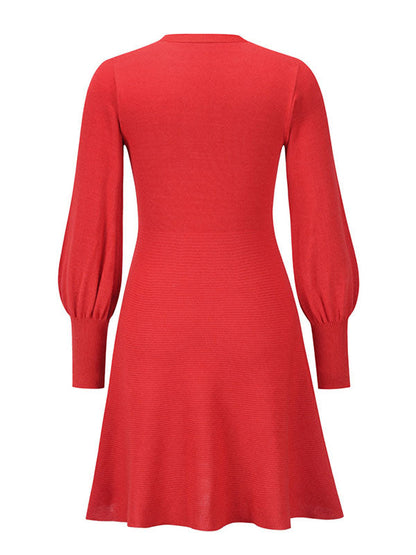 Puff Sleeves Wrap Solid Color Round-Neck Mini Dresses