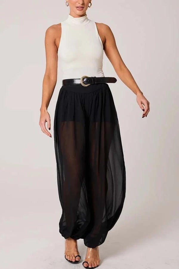 Autumn Avenue Chiffon See-Through Elastic Waist Aladdin Bloomers Pants