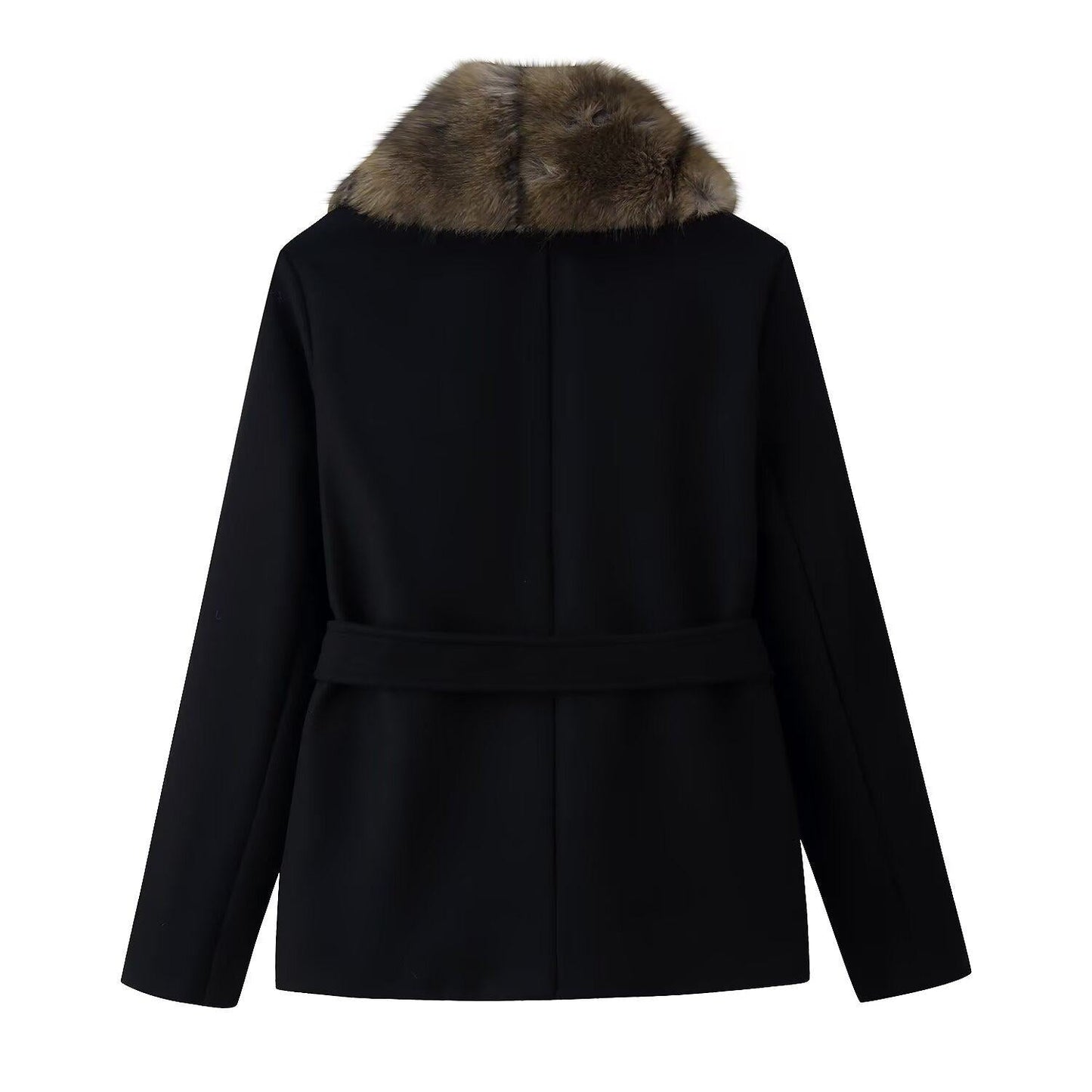 Fur Collar Belted Wool Coat