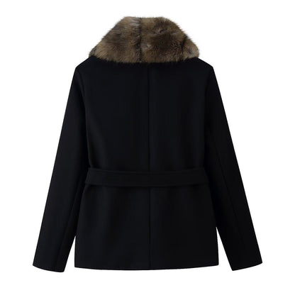 Fur Collar Belted Wool Coat
