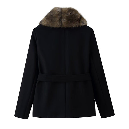 Fur Collar Belted Wool Coat