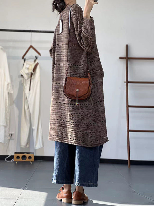 Long Sleeves Loose Hollow Solid Color Split-Front Round-Neck Sweater Dresses