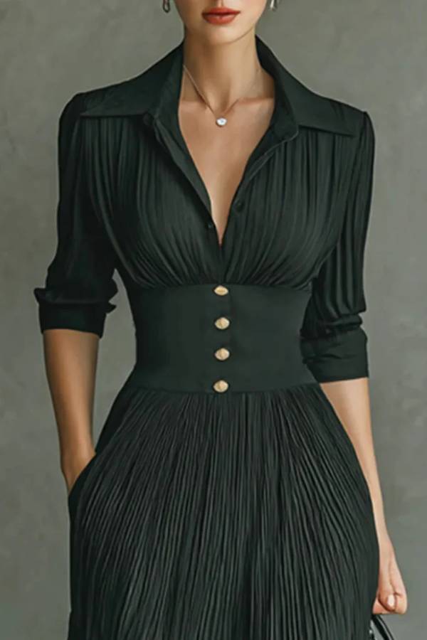 Elegant Pleated Lapel Waisted Long-sleeved Maxi Dress
