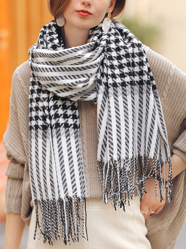 Houndstooth Plaid Tasseled Shawl&Scarf