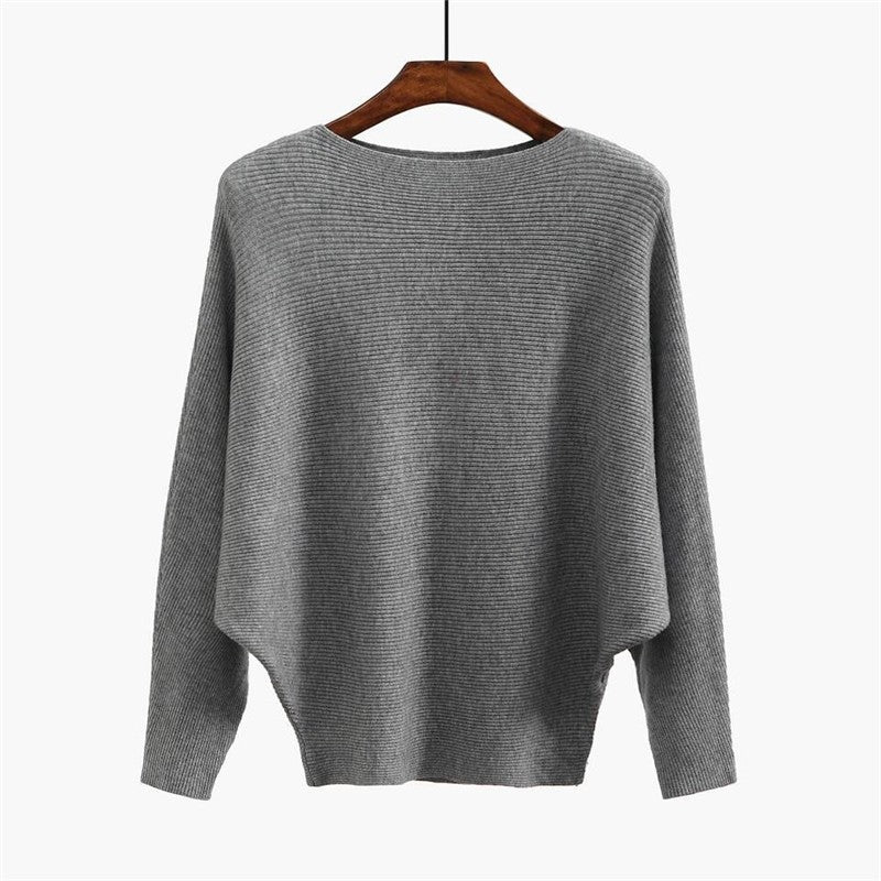 Solid Color One-Word Collar Bat Sleeve Knit Sweater